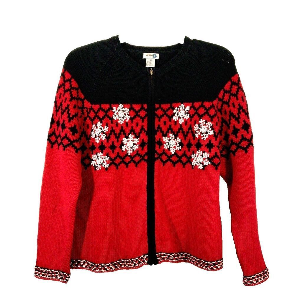 VTG Paul Narris Design Christmas Sweater Womens XL Red Black Full Zip Ugly Party